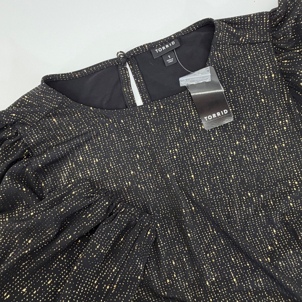 Torrid Black Gold Metallic Foil Ruched Ruffle Mini Dress 1X 14-16 NWT